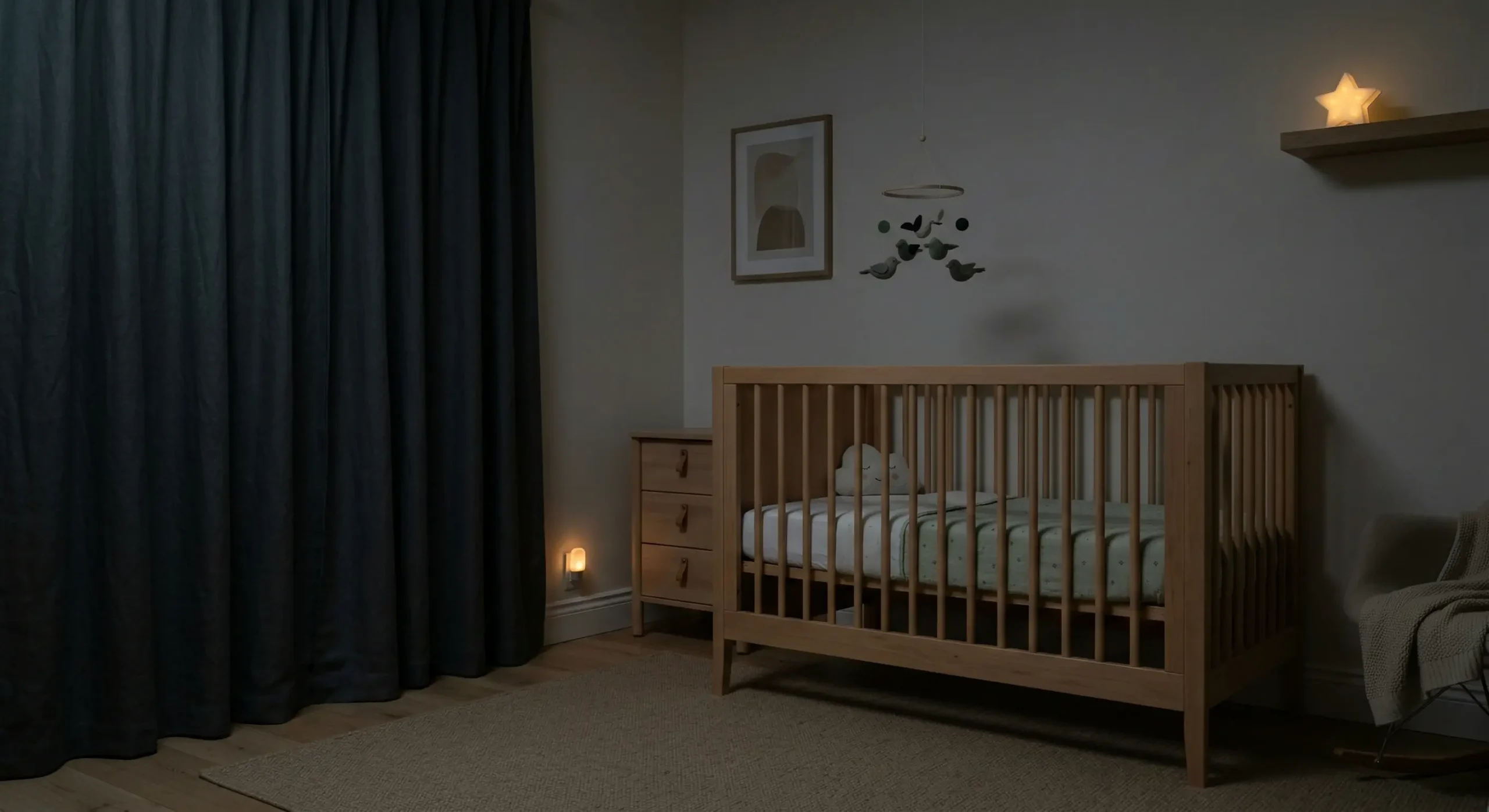 A peaceful baby sleeping in a completely dark room with blackout curtains.