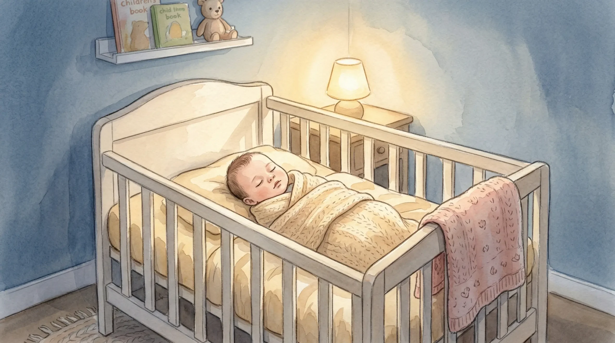 Peaceful sleeping baby in a dim nursery illustrating baby bedtime routine