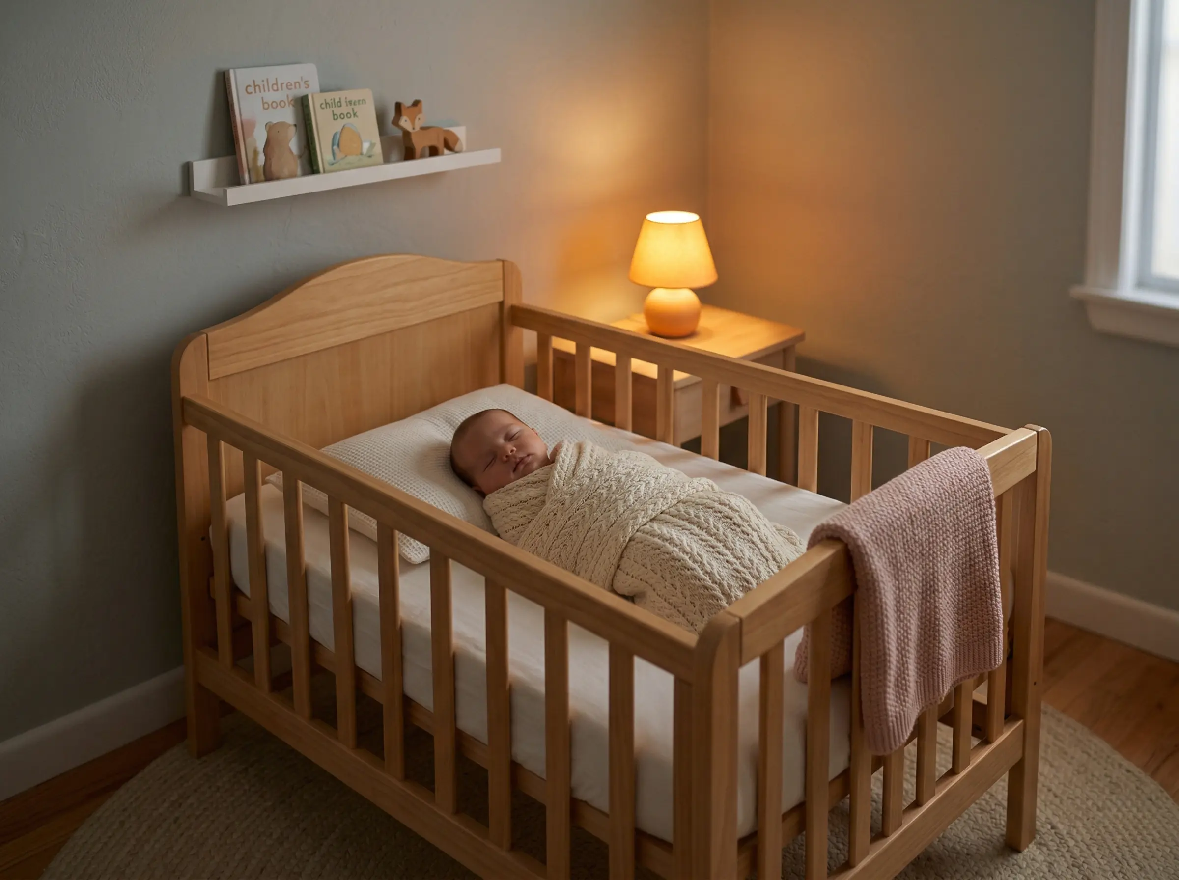 Dim nursery with crib ready for baby bedtime routine