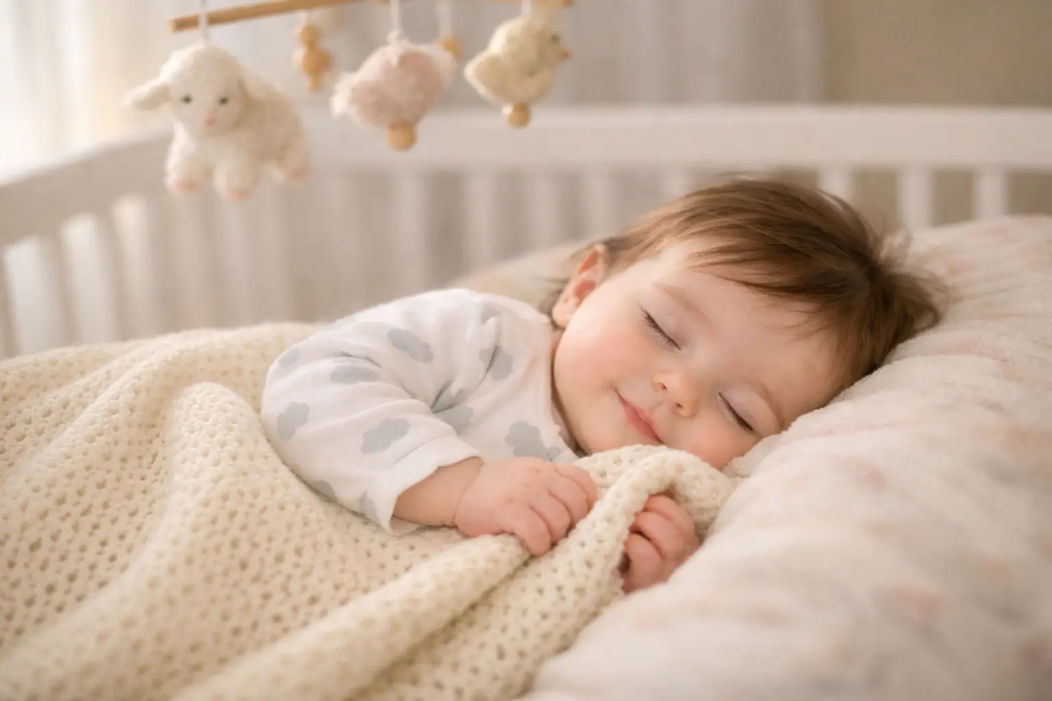 A peaceful 7-month-old baby taking a daytime nap, illustrating the development of structured nap patterns.
