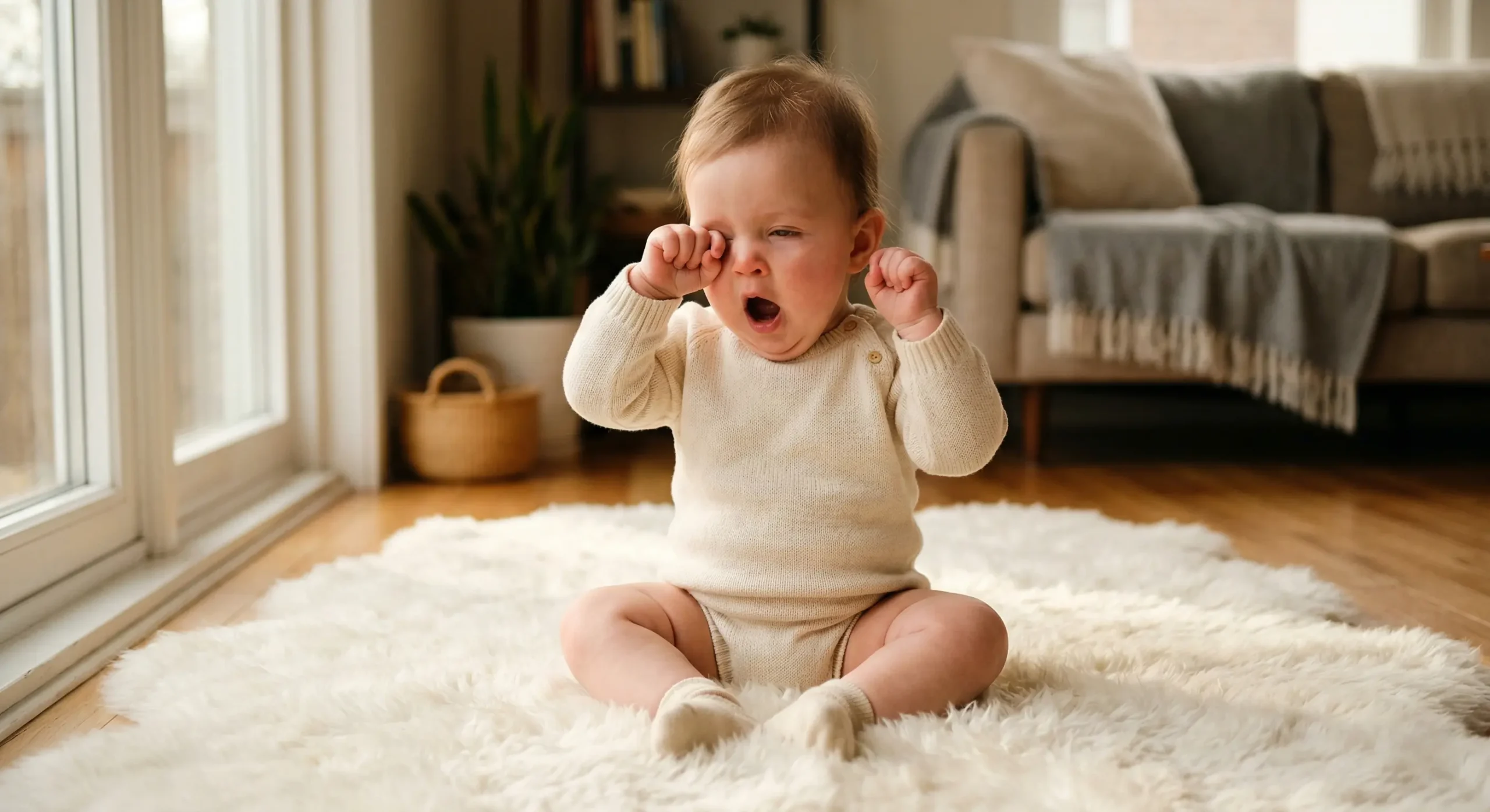 A close-up of a baby rubbing their eyes, showing common sleep cues that a wake window is closing.