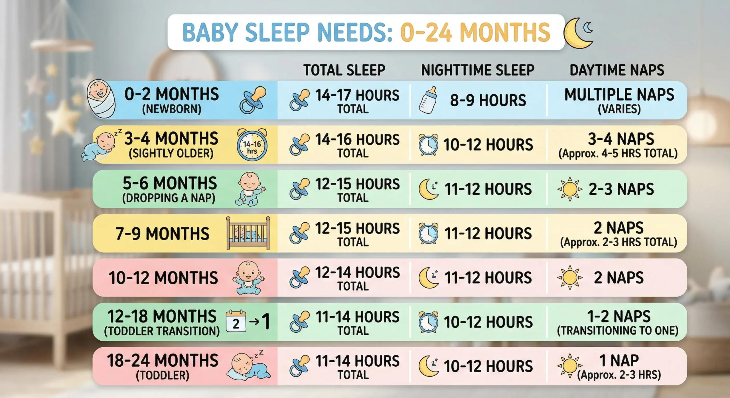 A visual summary of baby sleep needs from newborn to 24 months, showing total sleep, night sleep, and nap times.