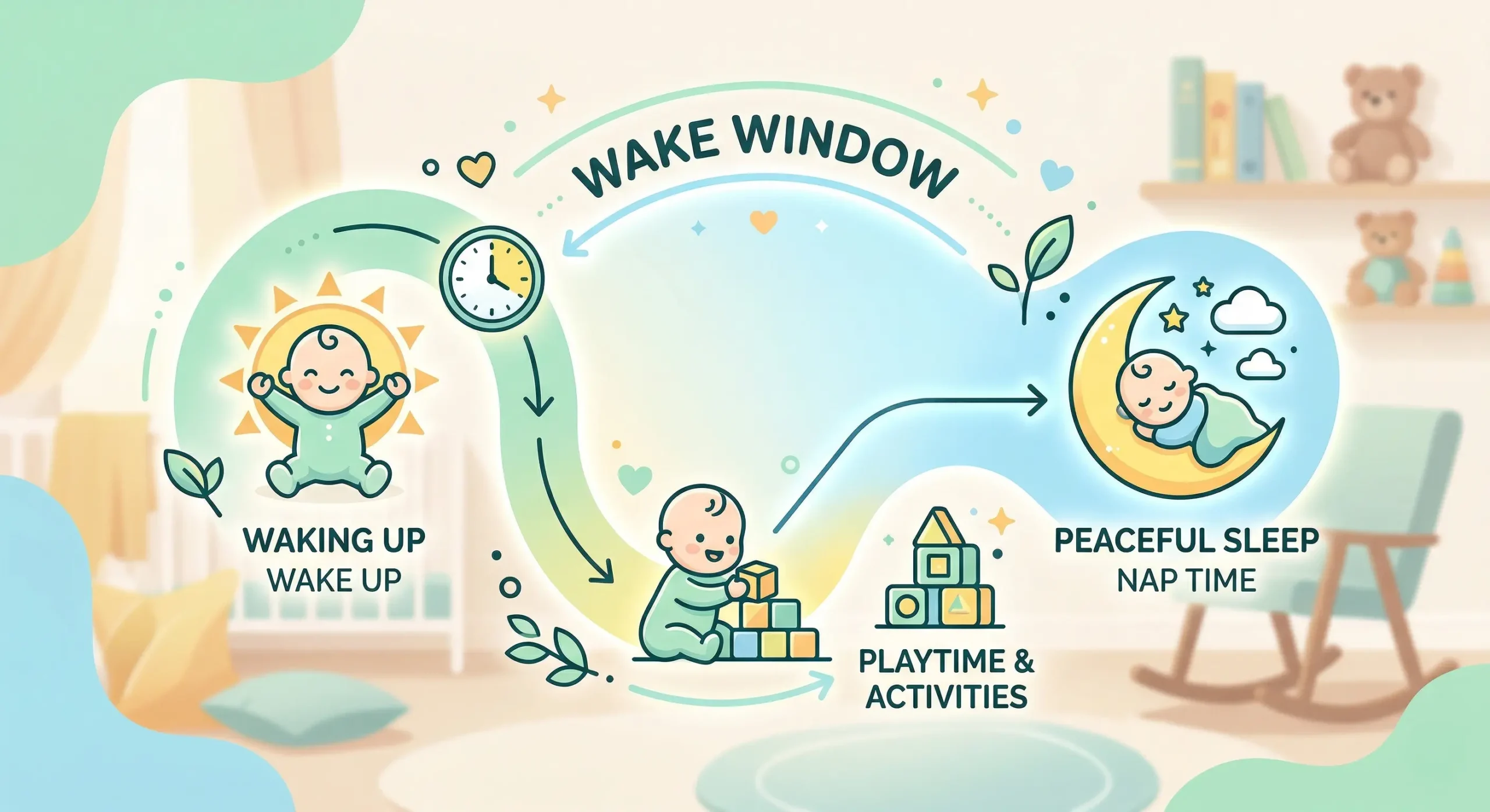An illustration showing a baby's daily cycle of waking up, playing, and going back to sleep to explain wake windows.