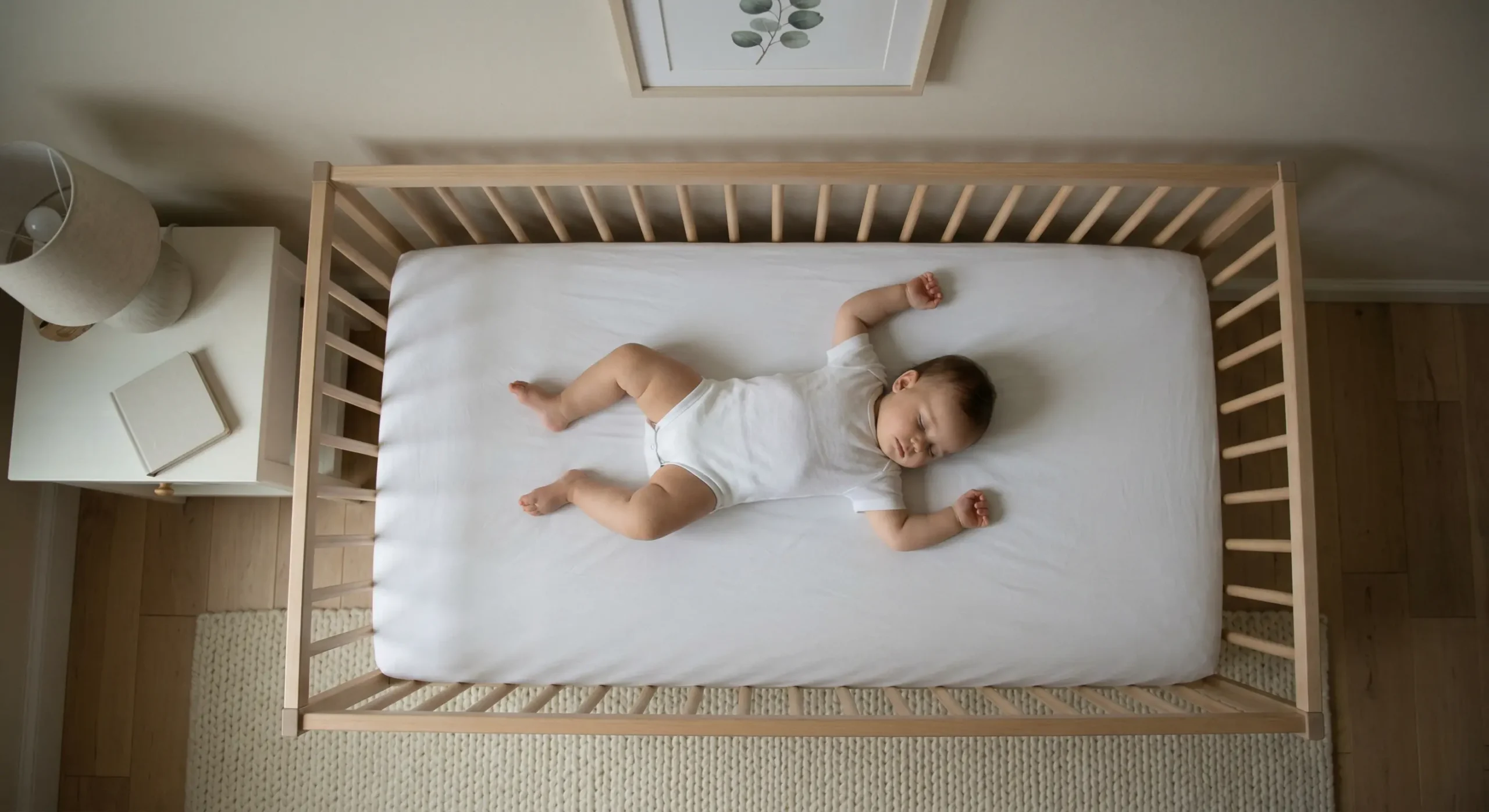 A peaceful baby sleeping in a crib, illustrating the success of following proper wake windows.
