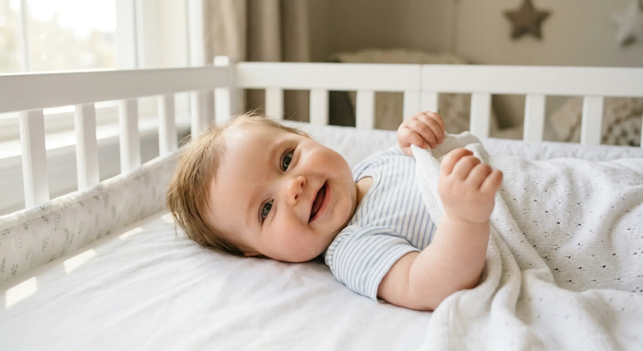A happy, well-rested 5-month-old baby smiling in a crib.