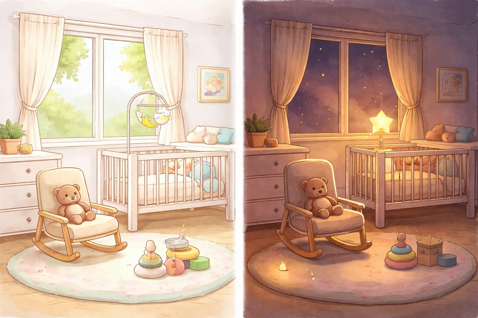 Newborn sleep schedule day vs night confusion — bright daytime vs dark nighttime nursery