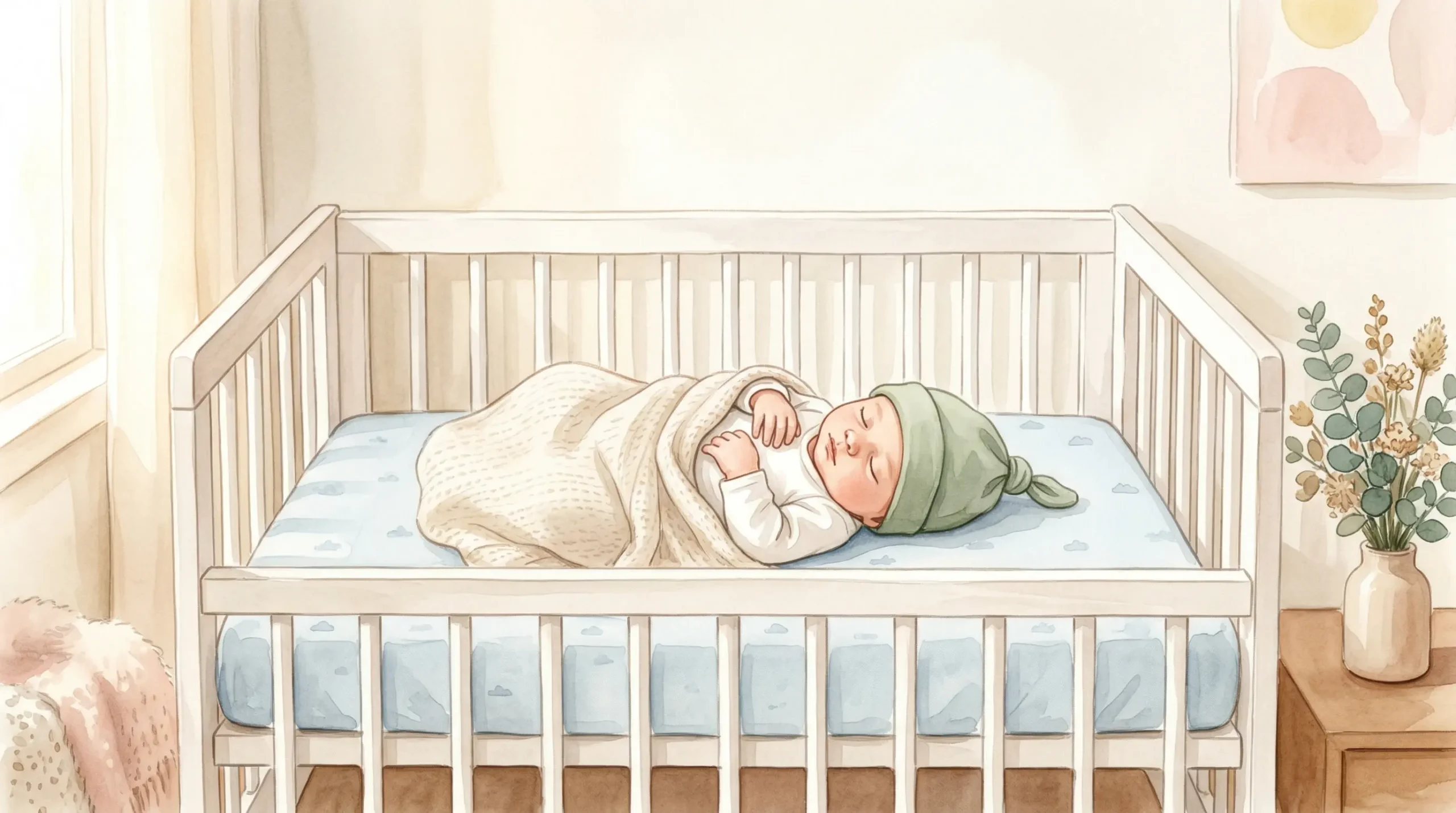 Newborn sleep schedule — peaceful baby sleeping on back in a safe crib setup