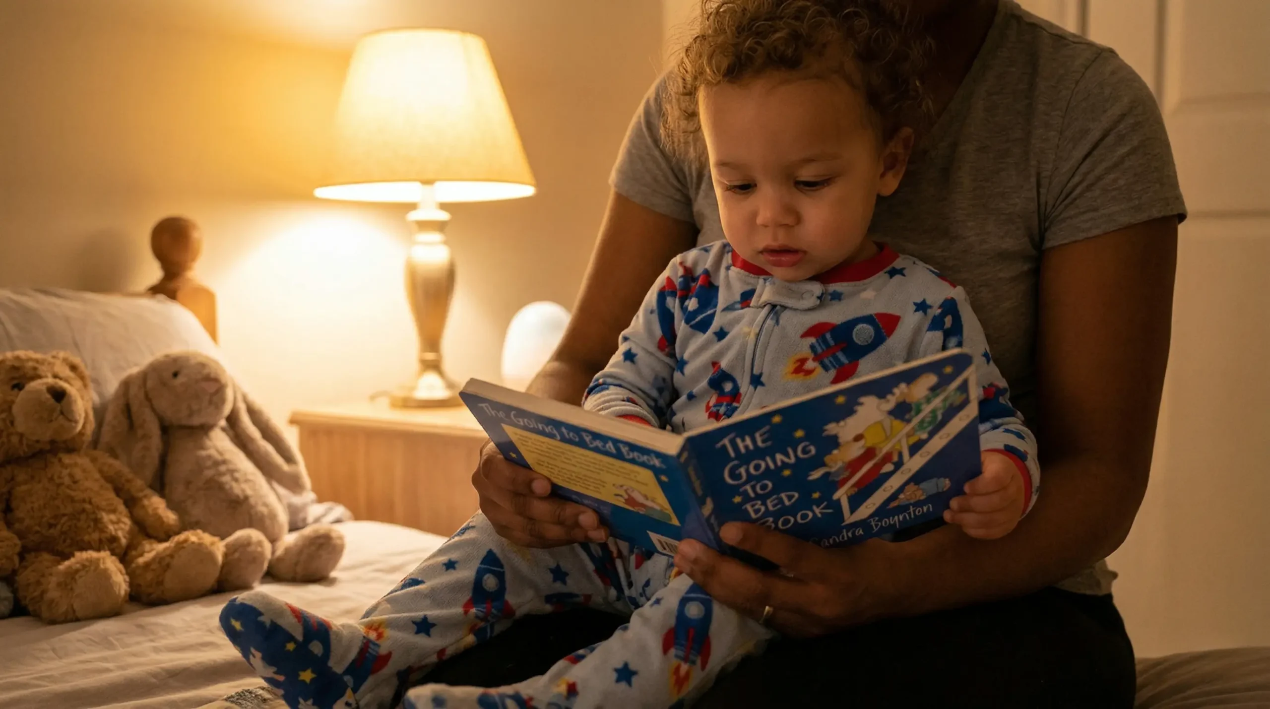 A 20-month-old toddler during a consistent bedtime routine, looking calm and ready for sleep.