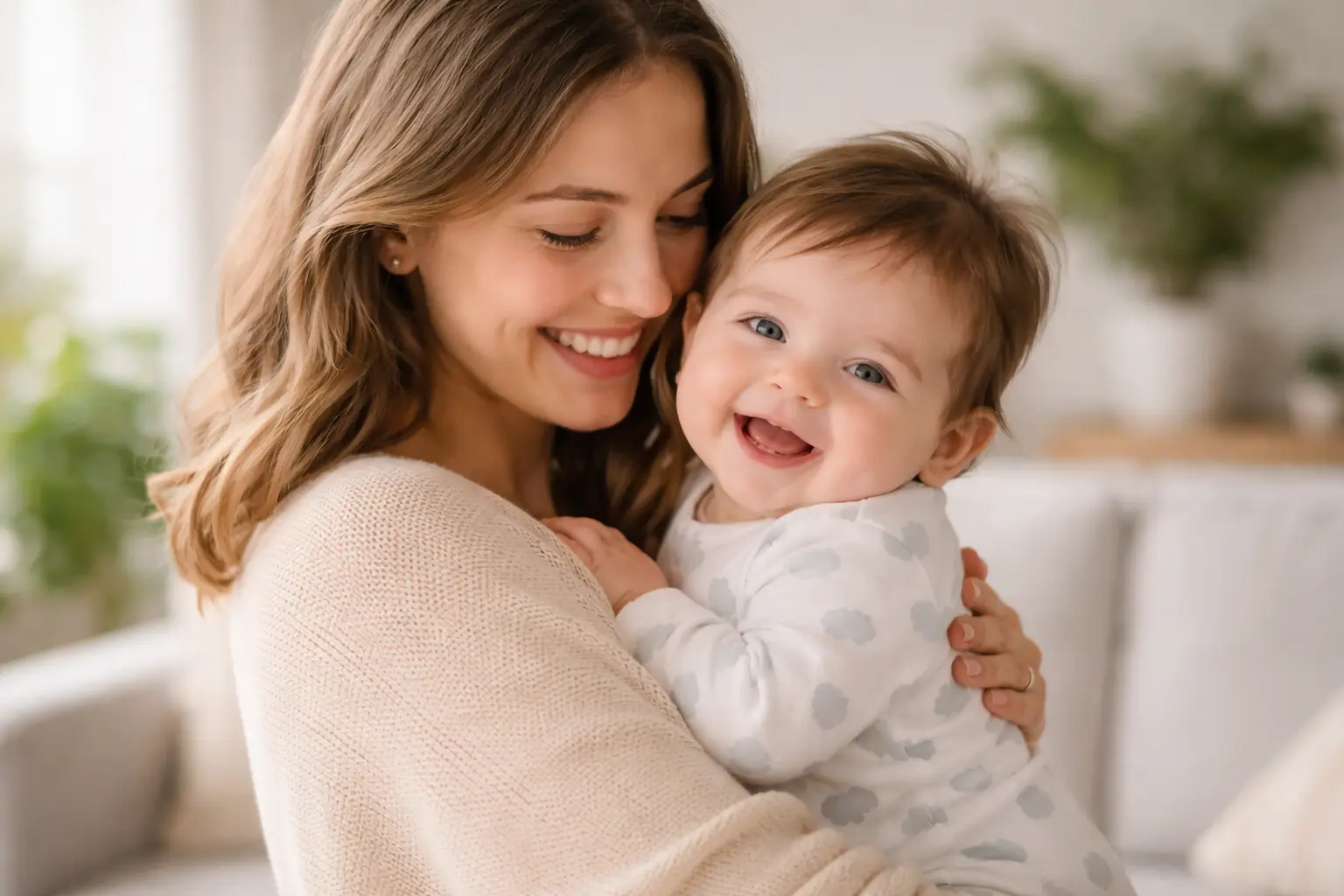 A happy, well-rested mother cuddling her calm 6-month-old baby, symbolizing the positive results of good sleep habits.